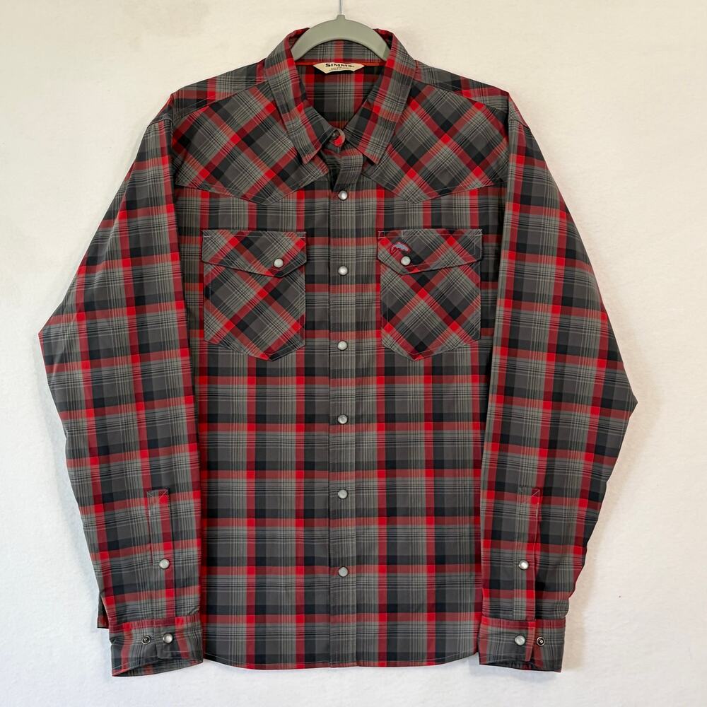 Simms Button Down Shirt Mens M Gray Red Pearl Snap Performance Fishing Outdoor